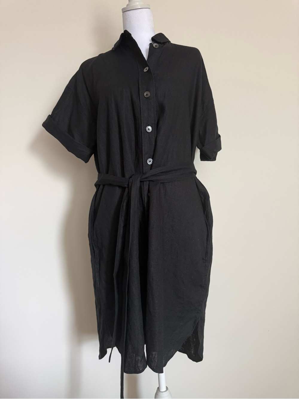 J. Crew Black Short-Sleeve Button-Front  100% linen Shirt Dres size medium
